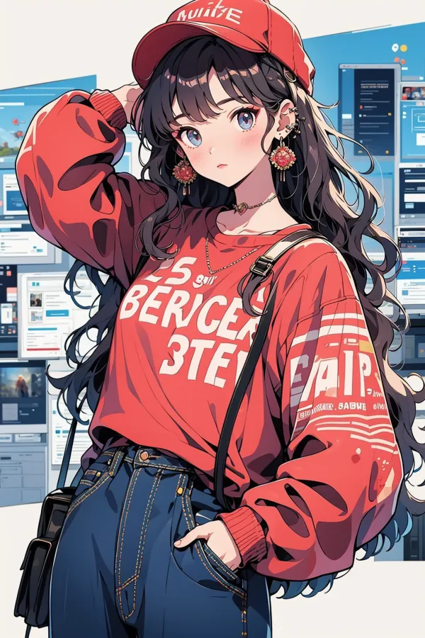 09379-3087686571-1girl, jewelry, black hair, earrings, red shirt, bag, shirt, hairband, long hair, necklace, solo, pants, piercing, looking at vi.png